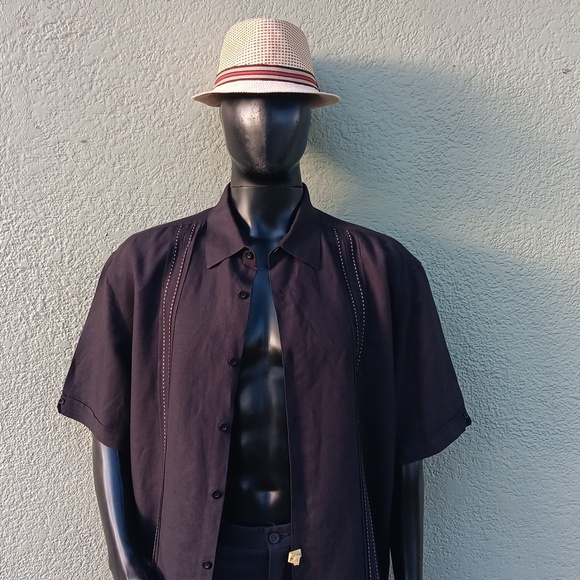 CUBAVERA MEN'S BLACK LINEN BLEND GUAYABERA SS BUTTON DOWN SHIRT - Picture 9 of 17